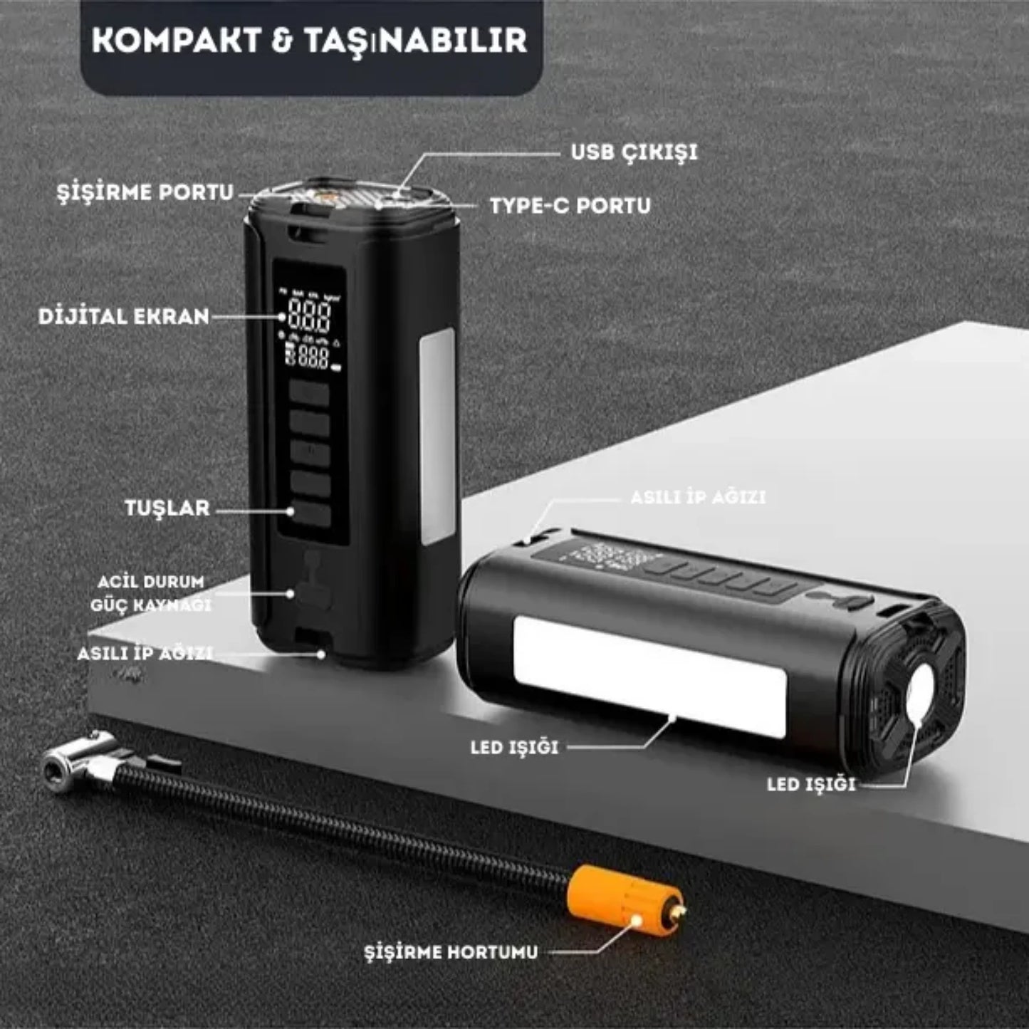 4in1 Akü Takviyeli Akıllı Hava Kompresörü (LED + Powerbank)